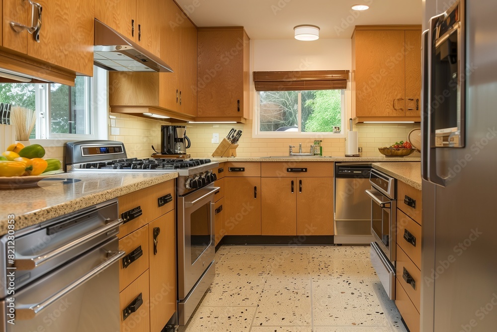 Elegant Mid-Century Modern Kitchen with Clean Lines, Retro Appliances, and a Functional, Minimalist Layout Elegant Mid-Century Modern Kitchen with Clean Lines, Retro Appliances, and a Functional, Minimalist Layout