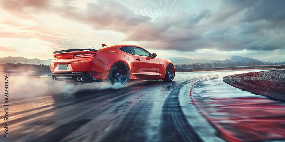 Obraz premium Sport Car Racing on race track, Car wheel drifting, 