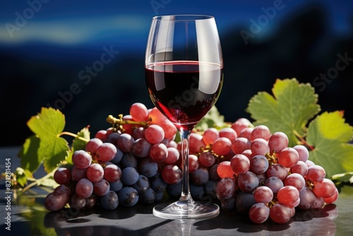 Bunch of grapes and a glass of wine on blue background. high quality photo  generative IA