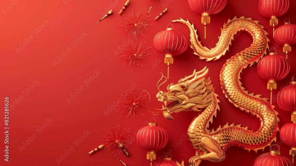 Fototapeta premium Golden dragon and red lanterns on crimson background, reflecting Chinese New Year celebrations with traditional decorations and fireworks.