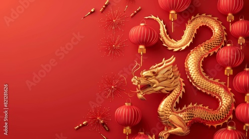 Wallpaper Mural Golden dragon and red lanterns on crimson background, reflecting Chinese New Year celebrations with traditional decorations and fireworks. Torontodigital.ca