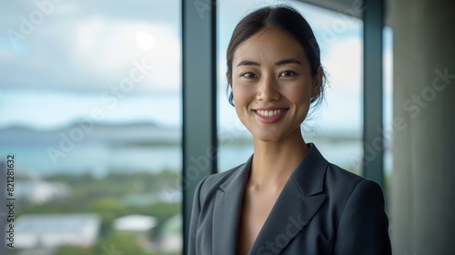 Confident Asian Businesswoman in Modern Office with Panoramic View - Professional Portrait for Corporate Use