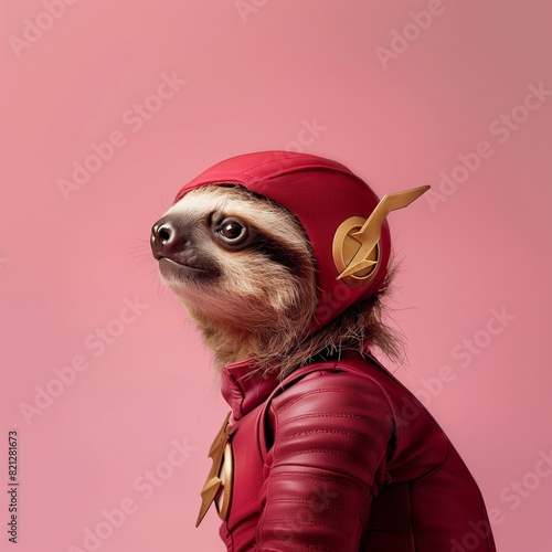 Portrait of cute sleepy sloth dressed in Flash costume, studio photo, minimalistic studio photography. the background is pink, copy space photo