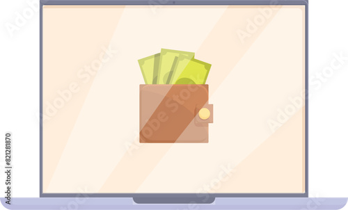 Vector illustration of a wallet with cash on a laptop screen, symbolizing online finance