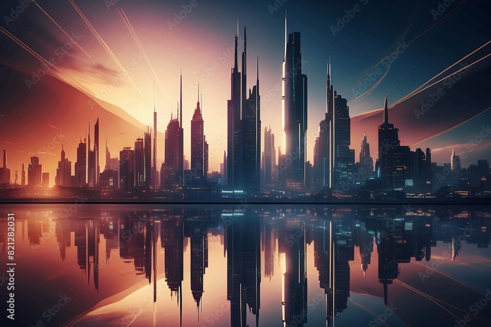 Golden Hour: Futuristic Cityscape with Towering Buildings Golden Hour: Futuristic Cityscape with Towering Buildings