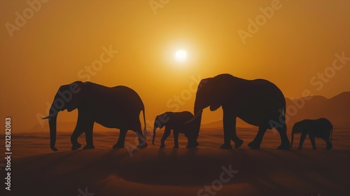 A family of elephants trekking through the African desert  their silhouettes against the setting sun creating a breathtaking scene. 32k  full ultra HD  high resolution