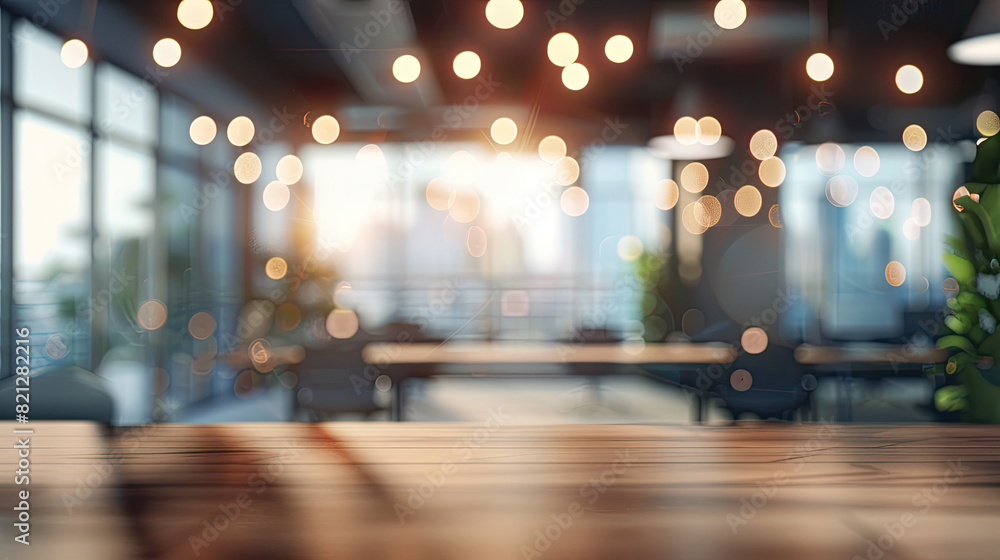 Fototapeta premium Wooden Tabletop with Blurred Modern Office Interior Background