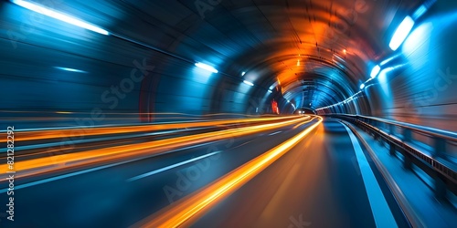 Hightech tunnel with integrated safety features disappearing into the distance. Concept Hightech Tunnel, Integrated Safety Features, Disappearing Into Distance