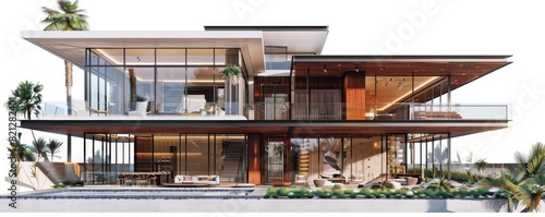 Modern luxury two-story house with floor-to-ceiling windows, contemporary design, and lush surroundings. Ideal for architectural inspiration.