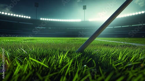 A javelin soaring through the air against the backdrop of a sprawling green field. The stadium lights cast long shadows across the grass, adding drama to the scene. 32k, full ultra hd, high resolution © Barvi