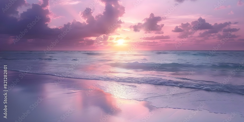 Serene Beach Sunrise Scene in Soft Pastel Colors for Inspiration or Marketing. Concept Beach Sunrise, Serene Scene, Soft Pastel Colors, Inspiration, Marketing