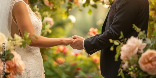 A bride and groom hold hands at their wedding with floral arrangements around and a blurred face