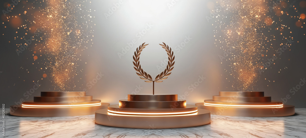 Stage podium with laurel wreath. Golden, silver and bronze stage podium ...