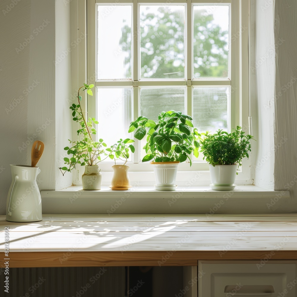 White wooden table in kitchen with green plant on the window White wooden table in kitchen with green plant on the window