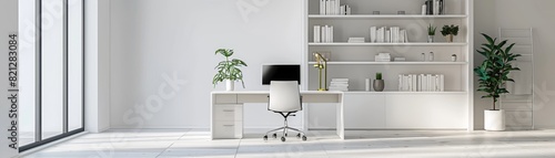 Modern, minimalist office space with white walls, sleek furniture, and natural light, creating an inspiring and productive work environment. photo