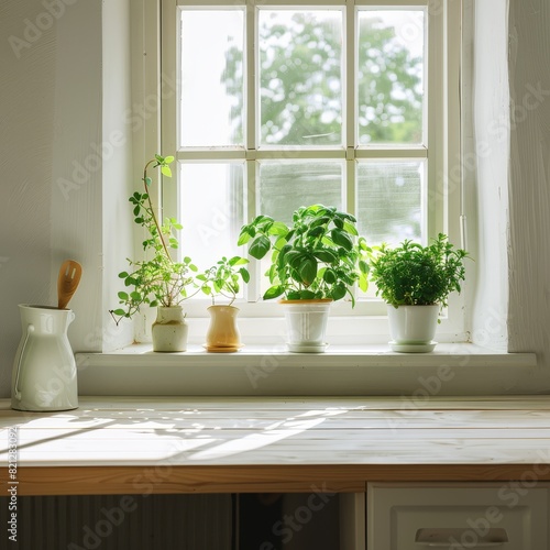 White wooden table in kitchen with green plant on the window