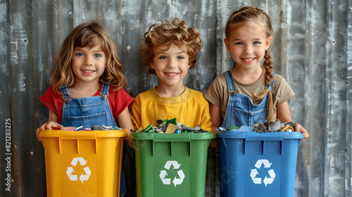 Three smiling children holding colorful recycling bins, emphasizing the importance of sustainability and environmental responsibility