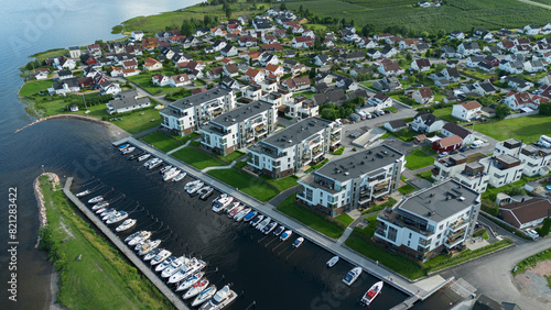 Drone footage of the apartments at Batteriøya, Svelvigen brygge.  photo