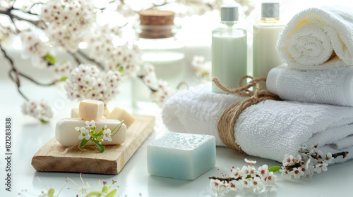 Spa Products and Towels on Marble Countertop with Plants