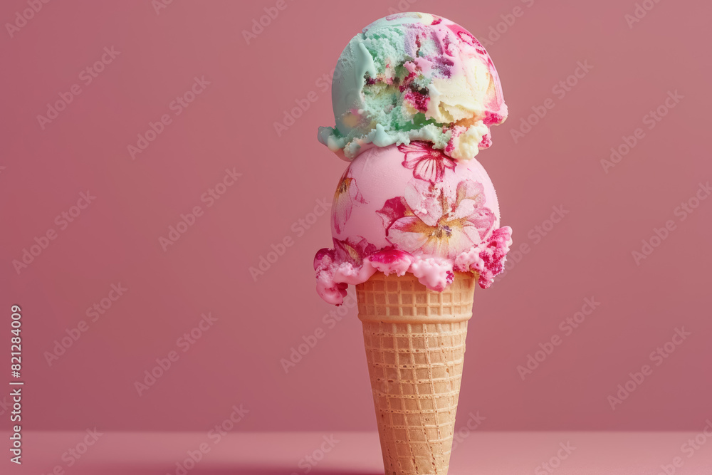 stacked scoops of multicolored ice cream in cone with vibrant floral pattern background stacked scoops of multicolored ice cream in cone with vibrant floral pattern background