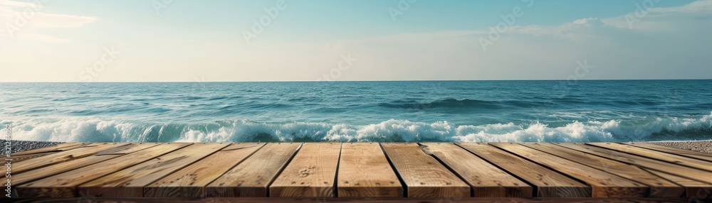 Fototapeta premium Serene ocean waves crashing against a wooden pier on a sunny day, perfect for a peaceful getaway or relaxation.