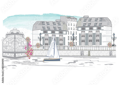 Series of street views in the old city with a view of an embankment and river with a boat. Hand drawn vector architectural background with historic buildings. 