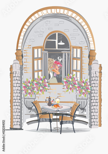 Series of backgrounds decorated with flowers, old town views and street cafes. Café window.   Hand drawn vector architectural background with historic buildings. 