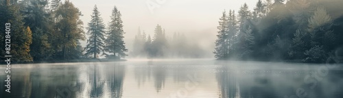 Serene misty morning lake scene with still waters reflecting surrounding pine and evergreen trees in a tranquil  peaceful  and calming atmosphere.