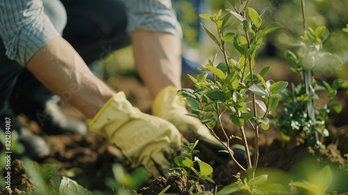 Man person wearing gloves planting trees