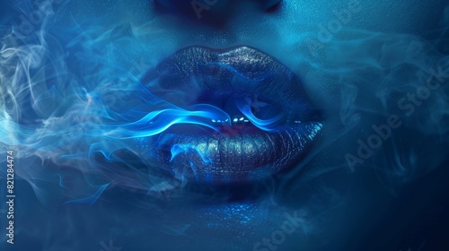 Abstract woman lips with smoke in blue tint and light coming from her mouth