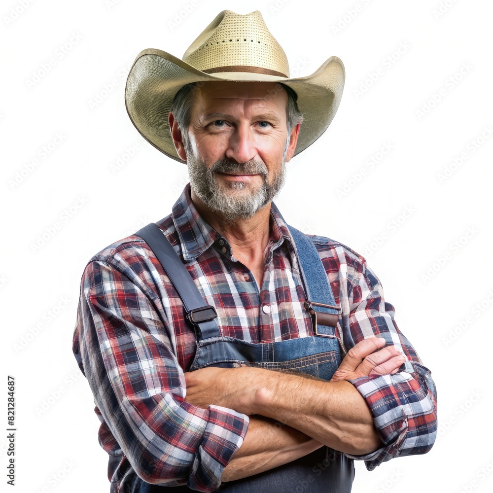 Cowboy Hat and Overalls: Man in Traditional Western Attire. Generative AI Cowboy Hat and Overalls: Man in Traditional Western Attire. Generative AI