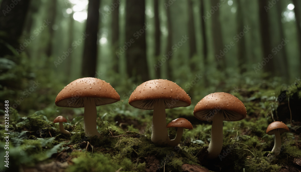several mushrooms are growing in a green forest several mushrooms are growing in a green forest