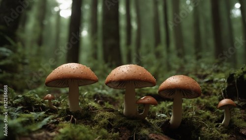 several mushrooms are growing in a green forest