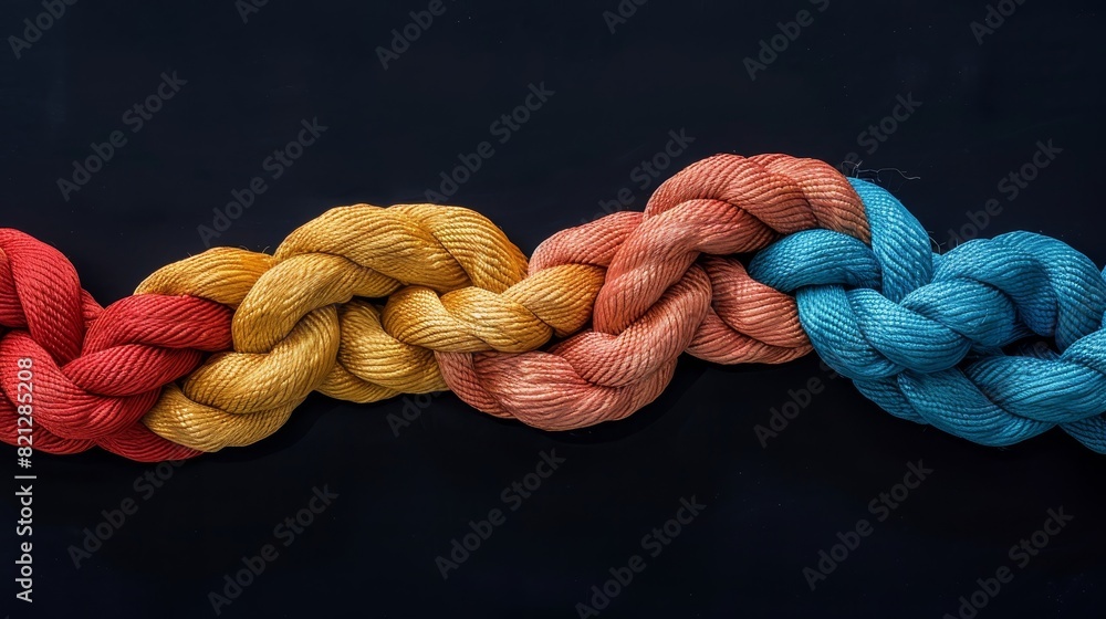 Vibrant and colorful braided rope with red, yellow, orange, and blue strands against a dark background, symbolizing unity and strength. Vibrant and colorful braided rope with red, yellow, orange, and blue strands against a dark background, symbolizing unity and strength.