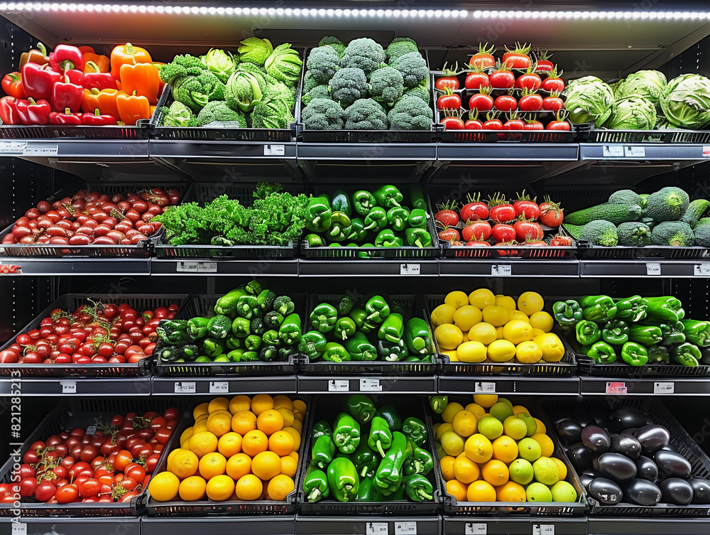 Fresh Vegetables Organized on Shelves