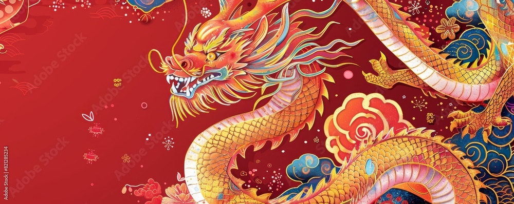 Vibrant Chinese dragon illustration on a red backdrop with intricate details, symbolizing power and tradition. Perfect for festive and cultural designs.