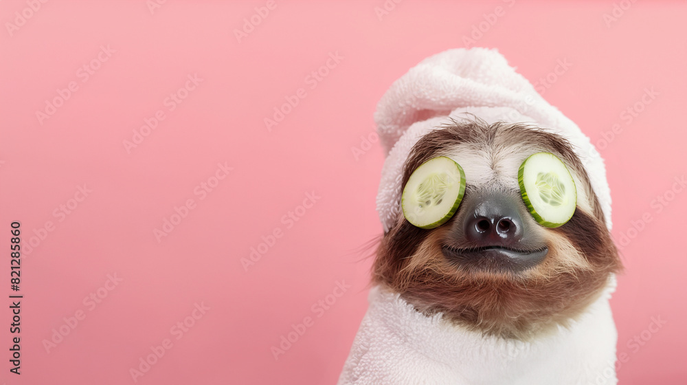 Fototapeta premium cute sloth wearing white towel and cucumber on eyes doing spa treatment, pink background with copy space , banner for beauty salon concept, pet fashion design studio,wellness, relaxation and self-care