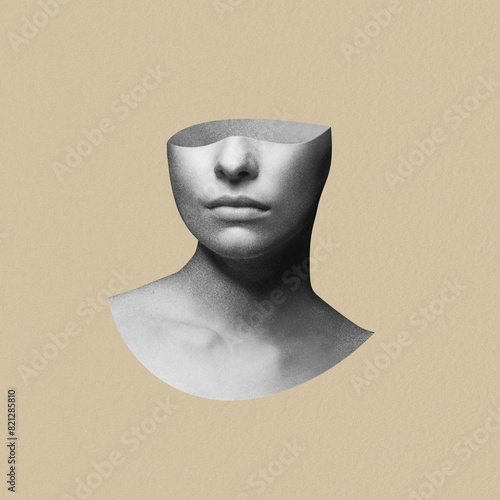 Fine-art, states of mind concept. Abstract and surreal woman portrait illustration collage. Grunge and grain effect. Woman's face without upper head part. Beige background with copy space