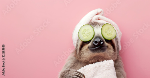 cute sloth wearing white towel and cucumber on eyes doing spa treatment, pink background with copy space , banner for beauty salon concept, pet fashion design studio,wellness, relaxation and self-care photo