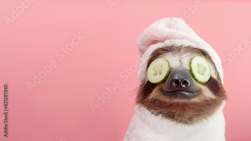 cute sloth wearing white towel and cucumber on eyes doing spa treatment, pink background with copy space , banner for beauty salon concept, pet fashion design studio,wellness, relaxation and self-care