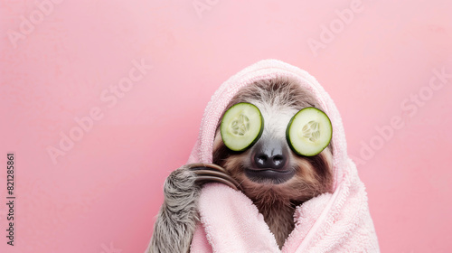 cute sloth wearing white towel and cucumber on eyes doing spa treatment, pink background with copy space , banner for beauty salon concept, pet fashion design studio,wellness, relaxation and self-care photo