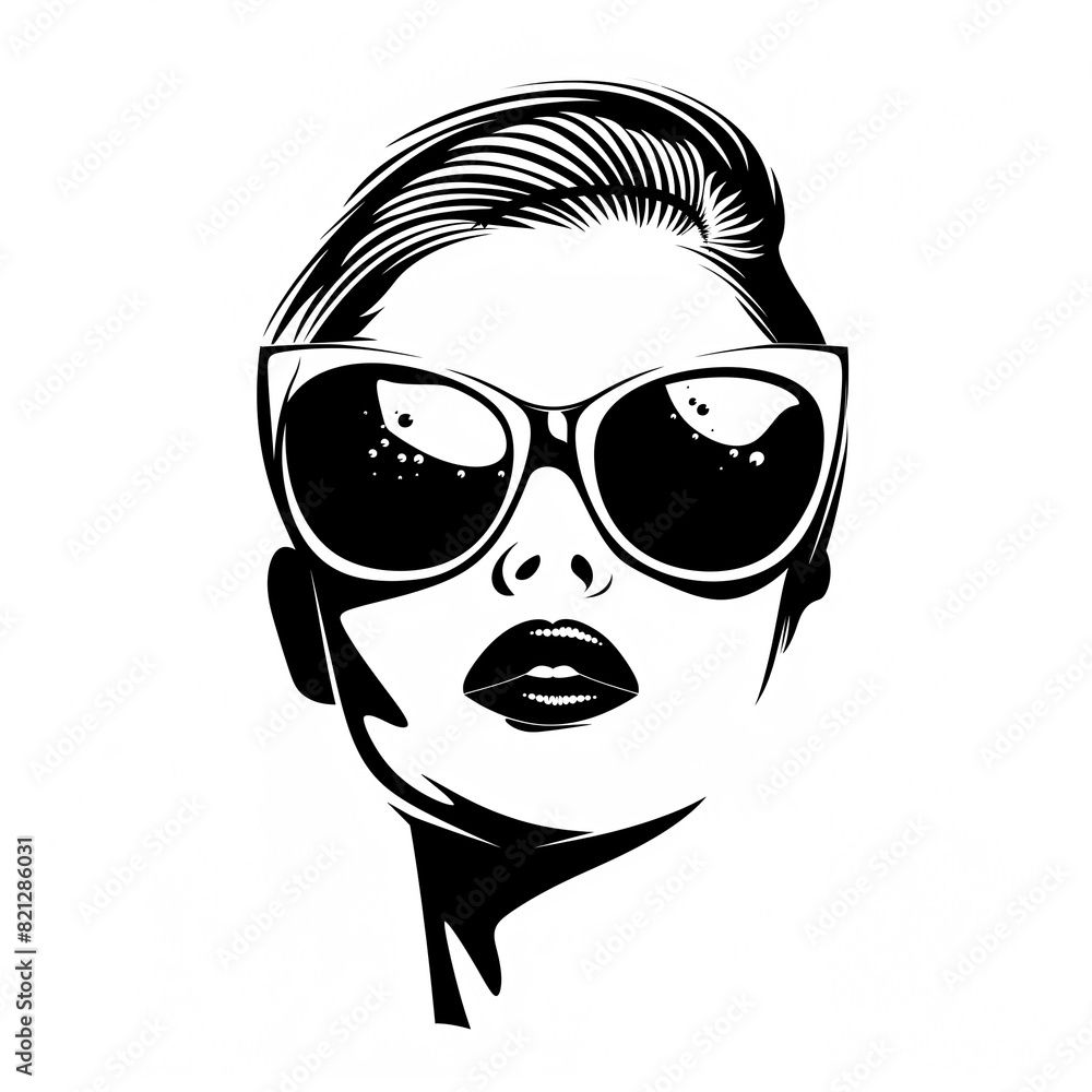 Stylized black and white vector illustration of a fashionable woman with elegant sunglasses and a trendy hairstyle Stylized black and white vector illustration of a fashionable woman with elegant sunglasses and a trendy hairstyle