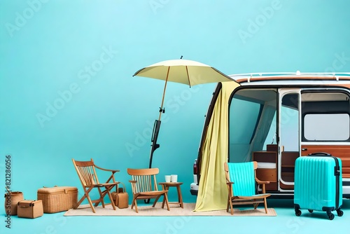 Camping in jeep, chairs and umbrella on sky blue background.