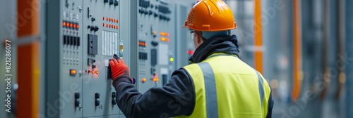 An electrician in safety gear is adjusting or inspecting equipment in a high voltage electrical panel photo