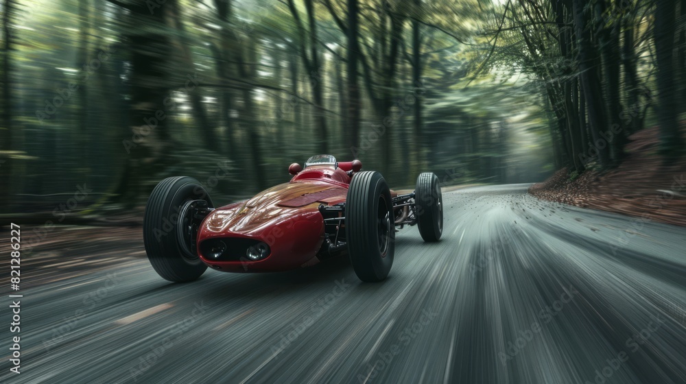 1950's racing car forest track long exposure 35mm, generated with ai