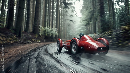 1950s racing car forest track long exposure 35mm, generated with ai
