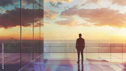 A businessman looks at the horizon from the balcony, generated with ai
