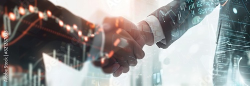 Two People Shaking Hands in Front of Cityscape