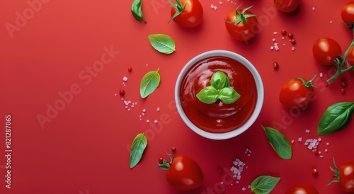 Bowl of Tomato Sauce Surrounded by Tomatoes and Leaves © olegganko