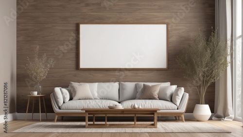 blank mock up frame in modern interior background  Mocha wooden living room